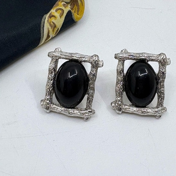 Vintage 70’s silver faux bois and onyx cuff links - Picture 2 of 5
